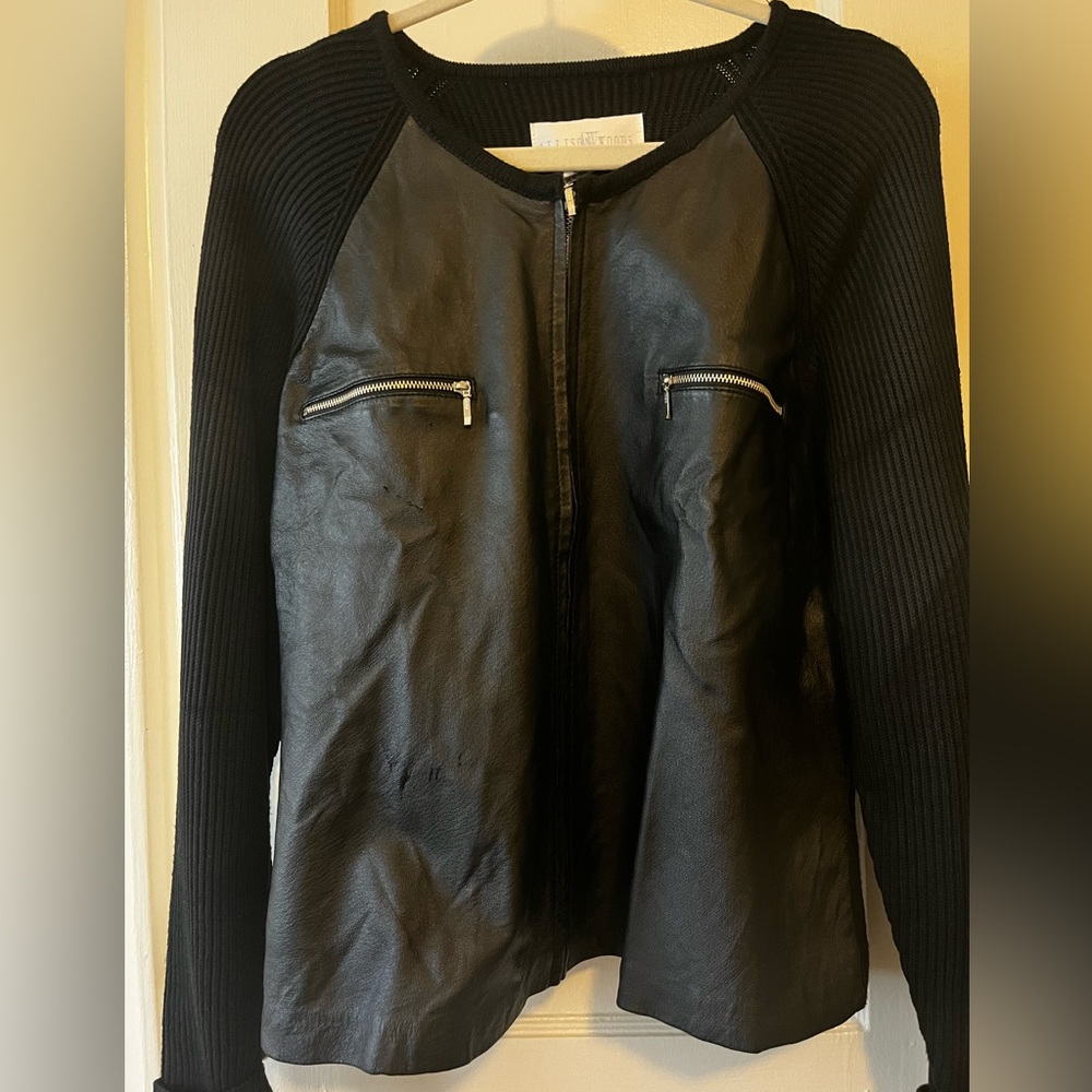 Faux leather knit sweater